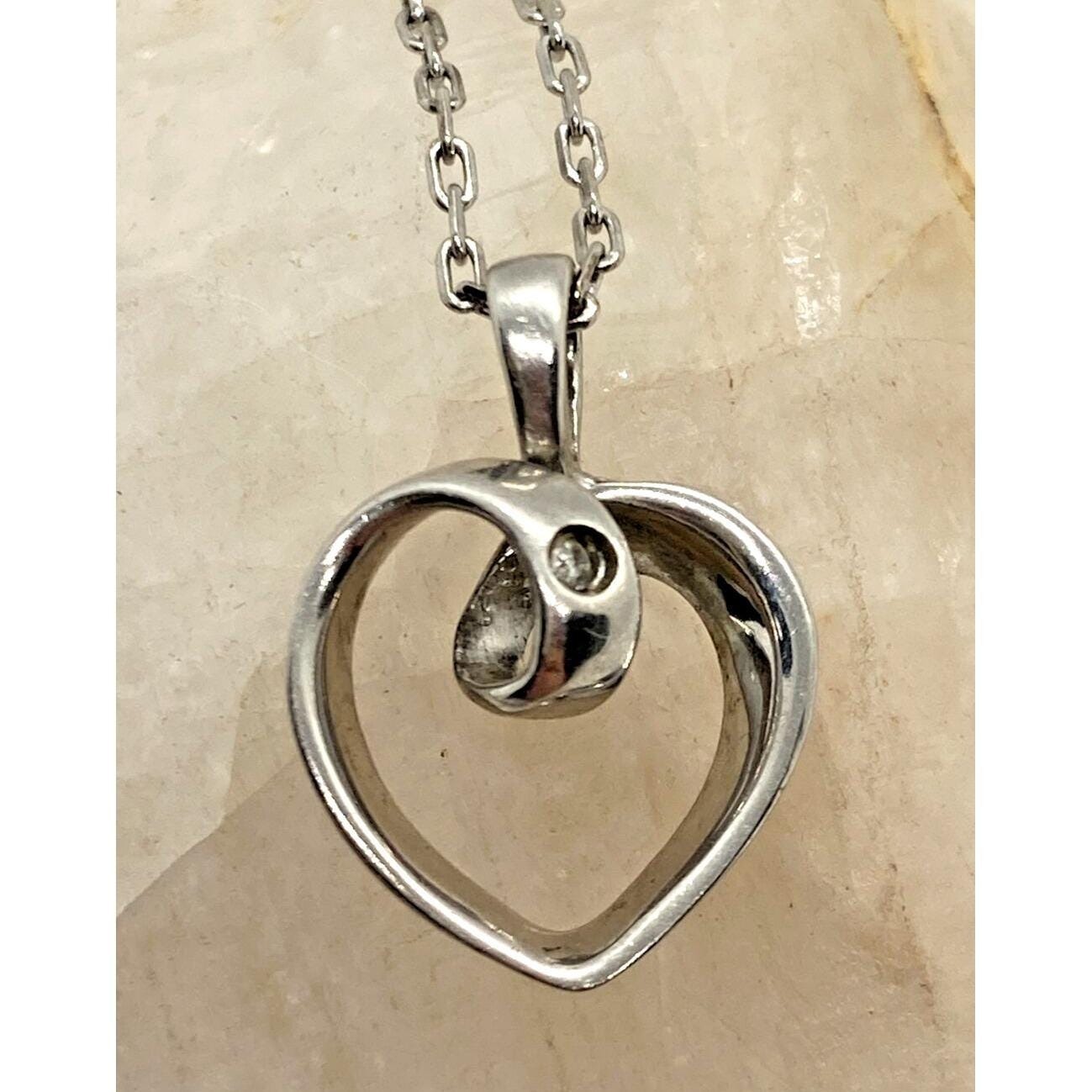 Vintage Ati Open Heart Diamond Sterling 925 Silver Pendant 18'' Necklace 2.1g